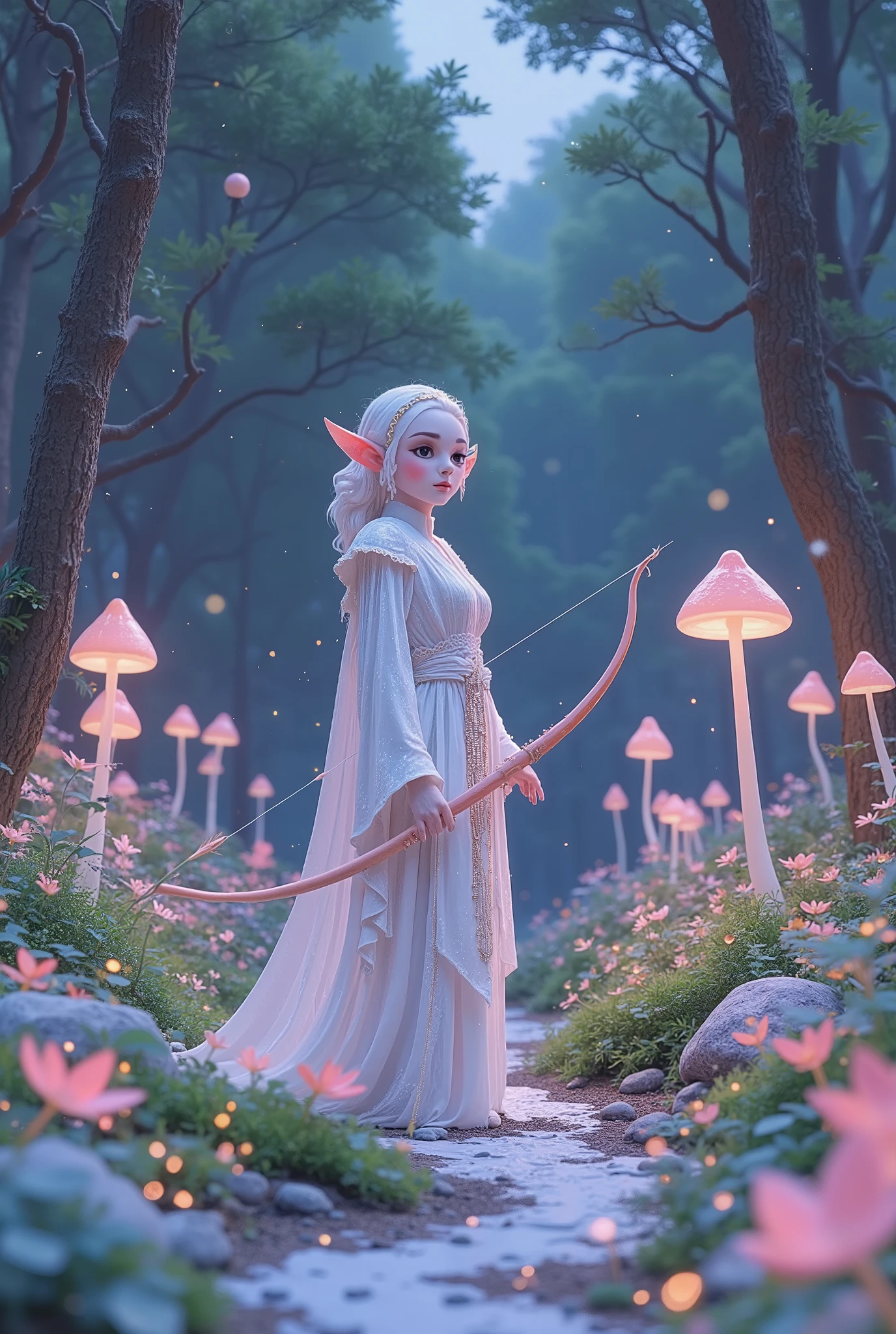a beautiful tall female ice-elf on a forest path at twilight standing amidst incredibly large bio luminous ice-mushrooms holding a bow and arrow, Ultra detailed illustration of a person lost in a magical world of wonders, glowy, translucent, transparent, bioluminescent flora, incredibly detailed, pastel colors, handpainted strokes, visible strokes, oil paint, art by Mschiffer, night, bioluminescence