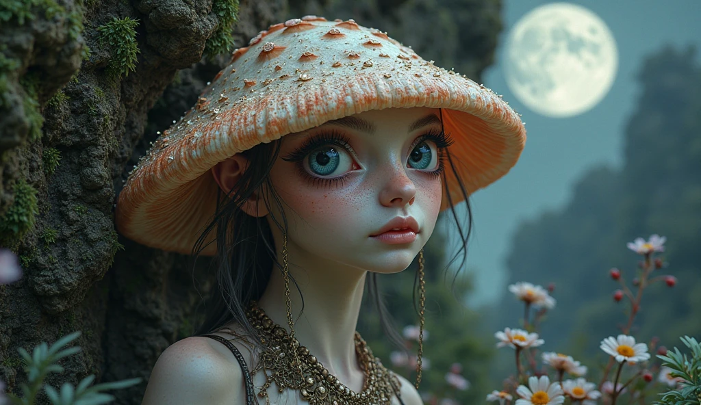 a close-up of "portaisAI" creature posing for the camera, wearing a denim jumpsuit, a mushroom hat, necklaces and earrings made from shells, white ruffled shirt, music album cover photo, realistic photo, incredible haircut, high definition, absurd resolution, high resolution, 1.4, drag, evil godess, menacing