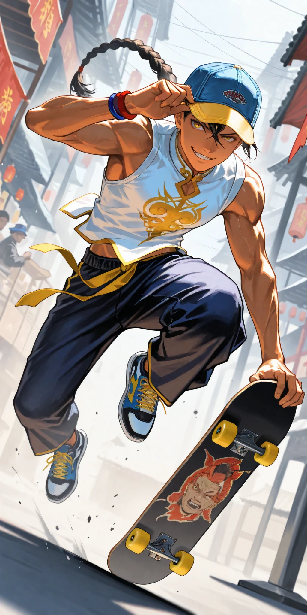 1boy\((Yun\(Street Fighter 4\)), (young), jumping high on skateboard, hand at cap brim, eyes hidden by on deep pulled down cap,(blue cap with (yellow brim:1.2)), long braid hair,black  loose  (Wudang Tai Chi pants),white sleeveless (Wudang Tai Chi Shirt), sneakers,big smirk,slim,\), street of old China countryside market, dynamic Pose, dynamic movement, dynamic angle, action scene, motion blur, vibrant Hong Kong people, rearistic,masterpiece, best quality, dynamic concentration line
