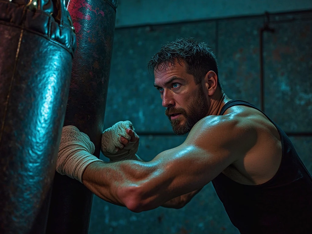 Man look tired putting his forehead against the punching bag