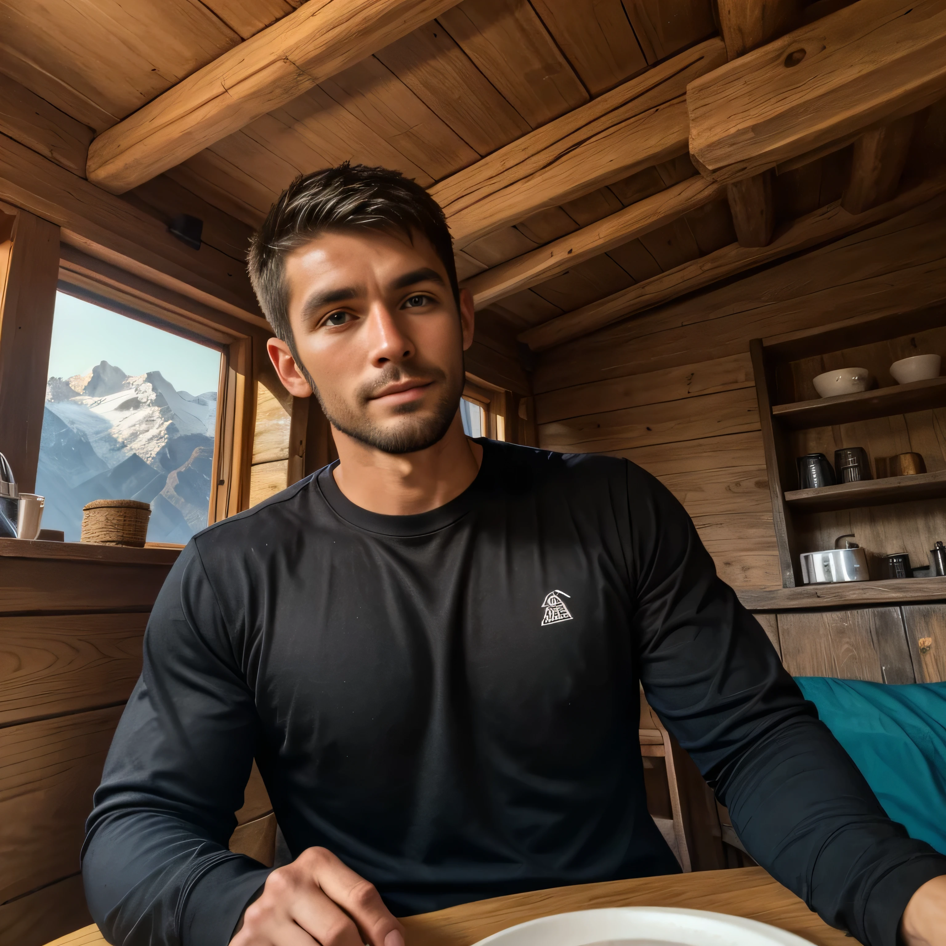 Age 31、handsome guy , 1 man,Black Long Sleeve Tee。 short hair short hair 、Inside the mountain hut、face up　
