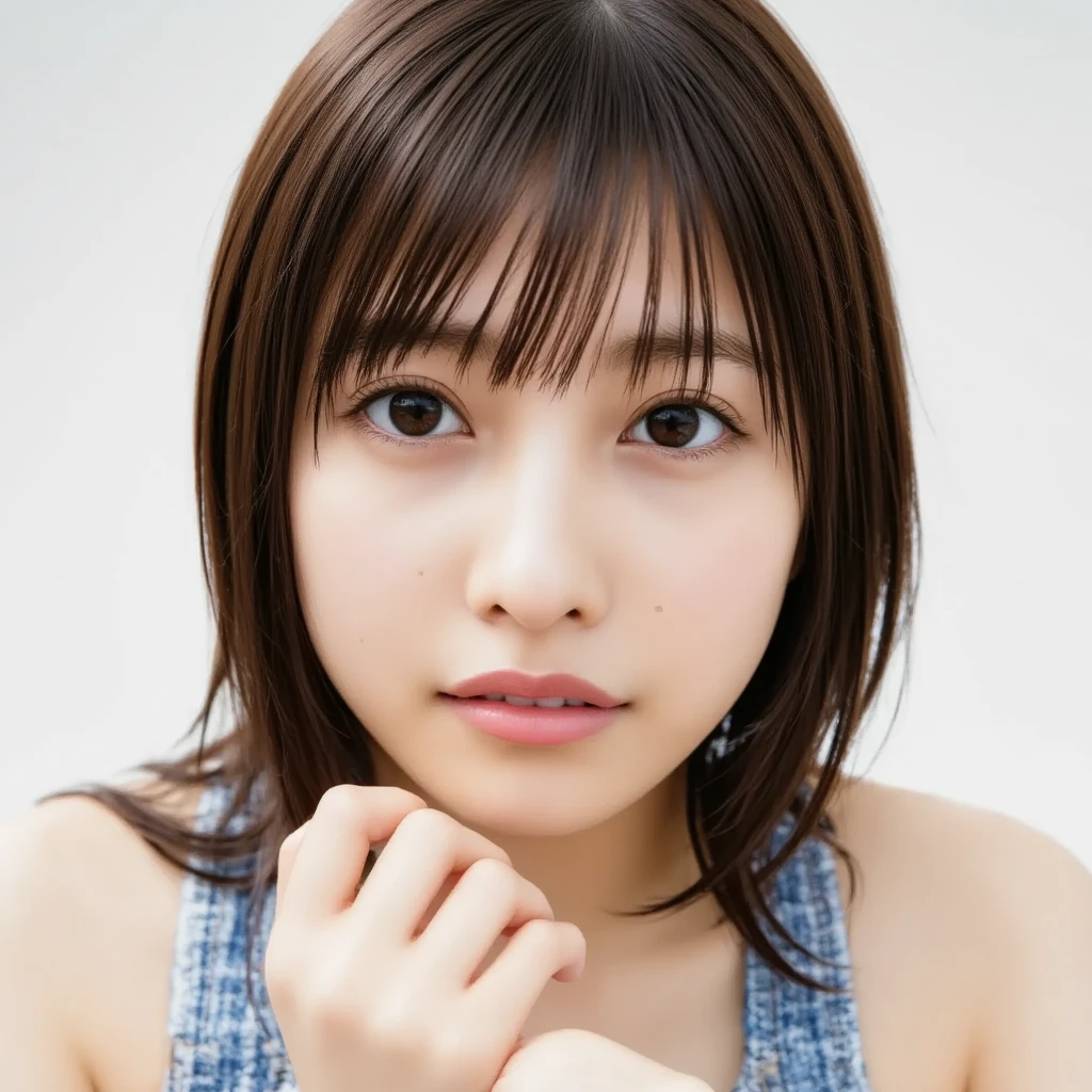 with blond and black two-tone bangs、、 light background、jeans-fabric swimsuit、Shortcut shortcuts, 