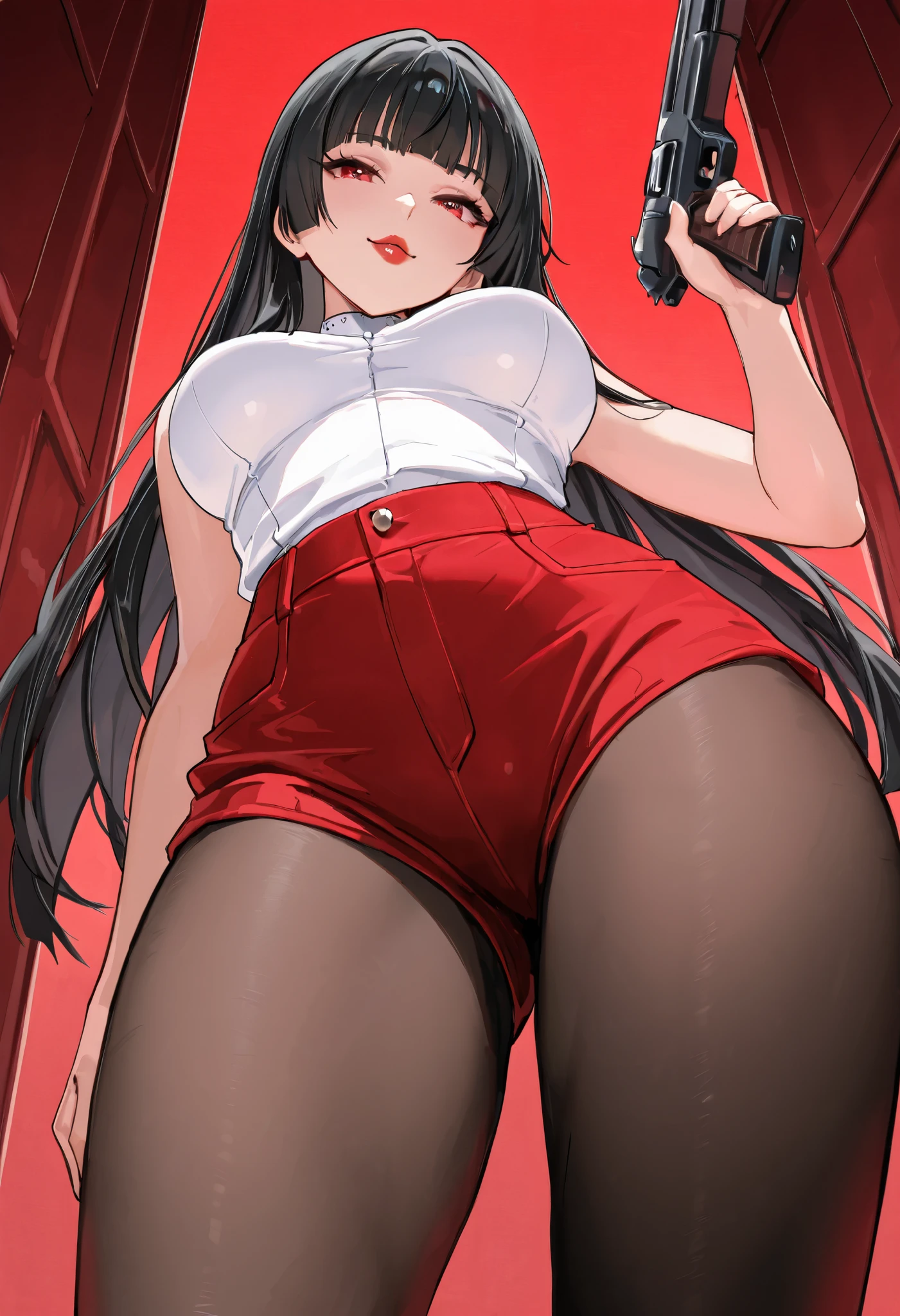 1girl, office, shirt, (angry), ((hourglass figure)), black tights, (from below), looking at viewer, ((thick thighs)), ((pussy)), red jacket, ((lingerie)), ((black lingerie))