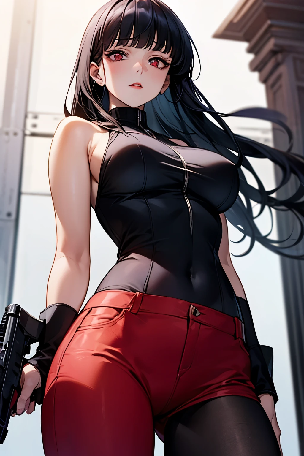 Kizi ((ultra quality)) ((best qualityer)) Bblack hair, bangss, long  hair, アニメ, white, Eyes red, very red, black leather jacket, bikini underneath, ripped black pants, Raby, wet,  injury, muito wet, muita Raby, looking forward and with injury!