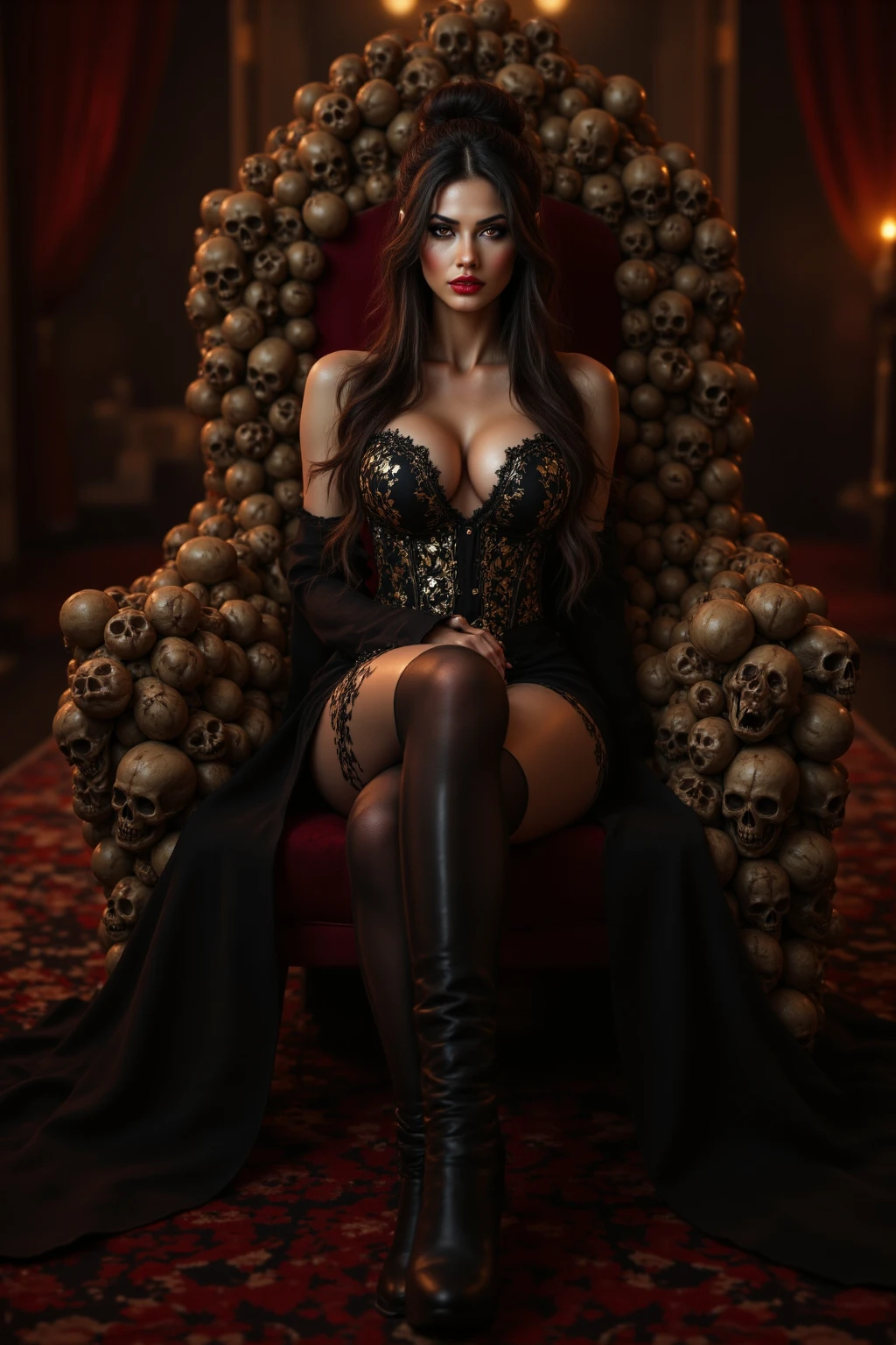 beautiful woman, black skin color, He put a black veil over his face , old black and red hat, clothes bench, red cape y negra , smile, risa, smiling, bright Eyes, calaveras, cemetery, candles, trident , black feathers, Bones, beautiful woman, black fur, corona, red cape, sexy red and black dress, rose, Cigarettes, both SMILE, witch, blood, sentada trono de rose, caldera , glass of champagne 