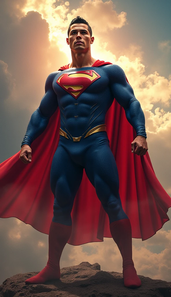 GuttonerdVision5, a 45-year-old man, wearing glasses, detailed skin, detailed face, pores, whole body in the scene, wearing Superman's uniform in the center of the image posing for the photographer. The outfit is detailed with its logo on its chest and red cape fluttering its back. The outfit is from the movie "Man of steel". The man is standing in mid-air with his cloak fluttering, having the city below him blurry. The lighting is cinematic, and the scene very detailed in UHD. Photorealism is the trend of this award-winning photography.