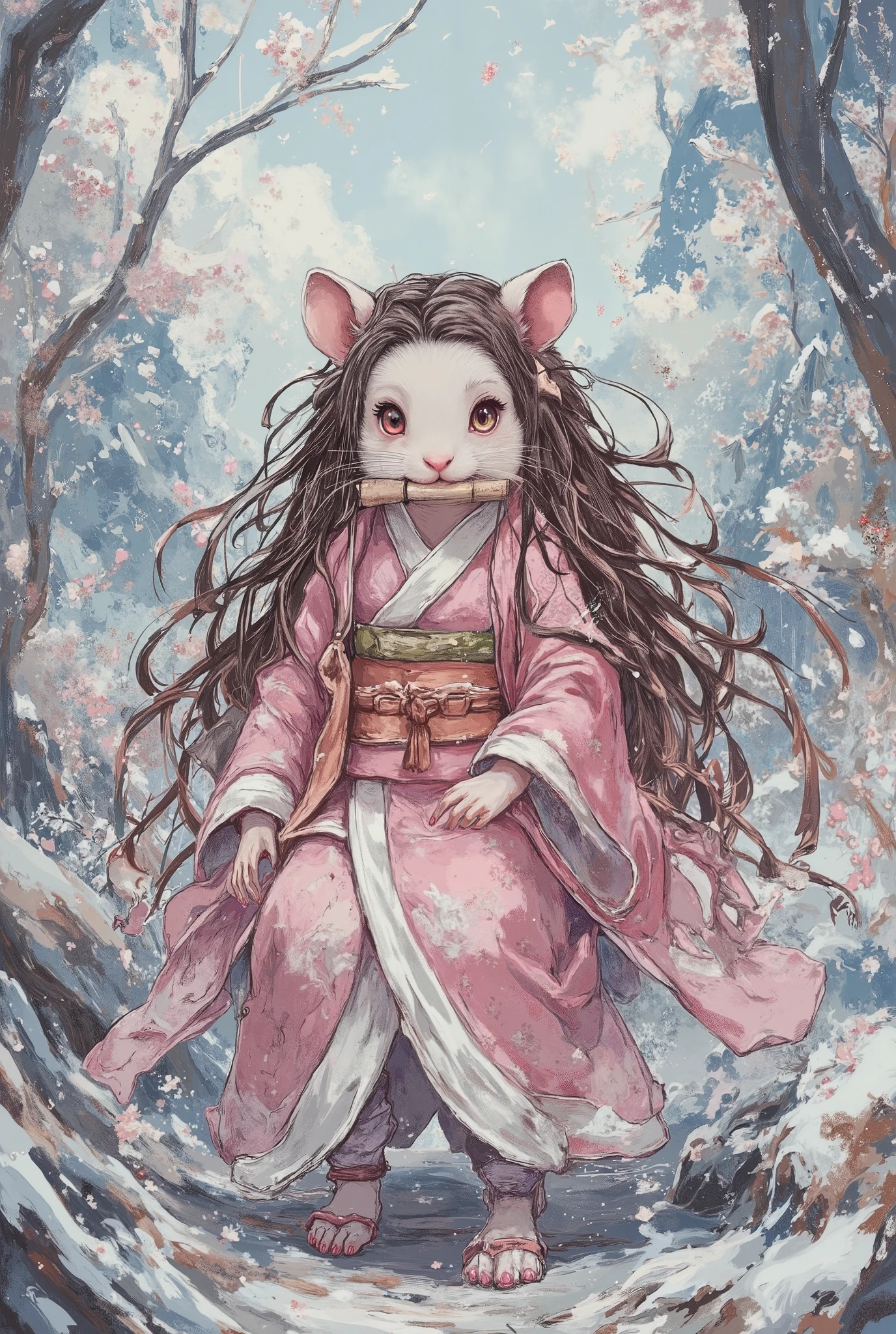 hamster dressed like nezuko from demon slayer, masterpiece, best quality, Super Detail,an epic,4K,snowy forest ,dressed like Nezuko, In fantasy art style, cinematic light , ultra detailed, 8k resolution ,Scroll in mouth , long dark brown hair