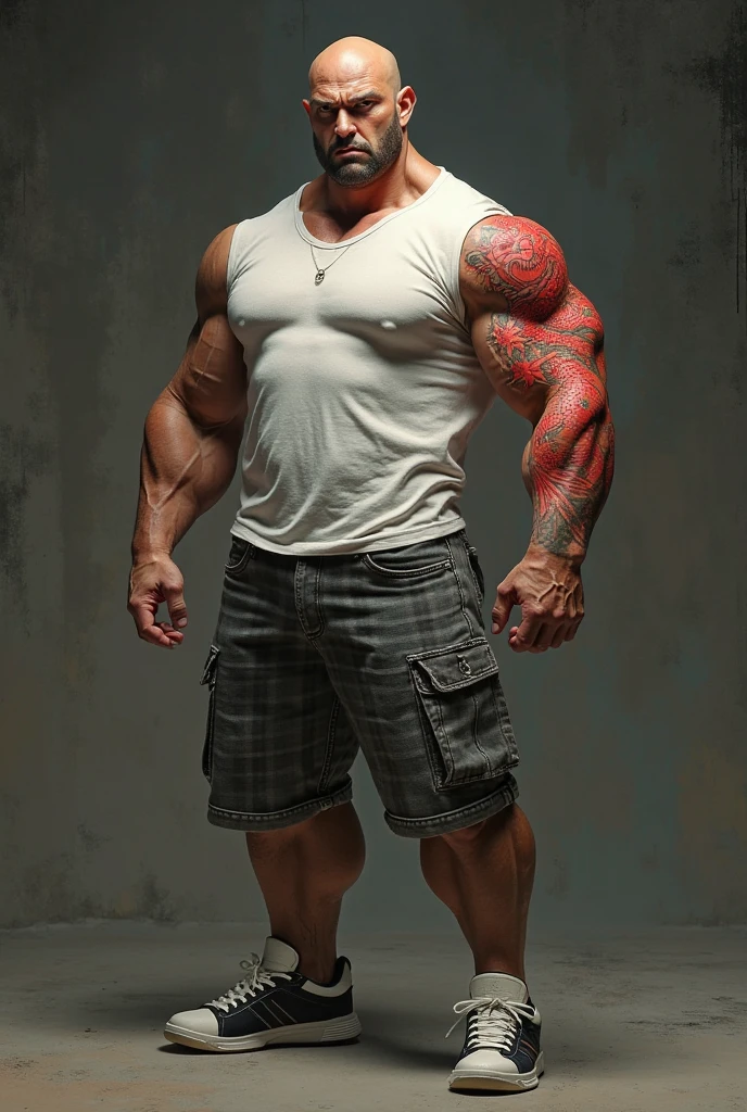 Tanned skin man.
bald.
Wicked countenance.
muscular body.
white shirt.
Arms with red dragon tattoo.
Short Jeans plaid.
White sneakers with black soles.