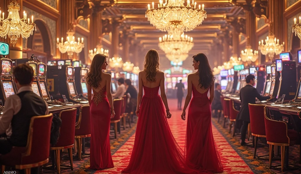 An elegant casino with women in elegant dresses that make their backs completely visible