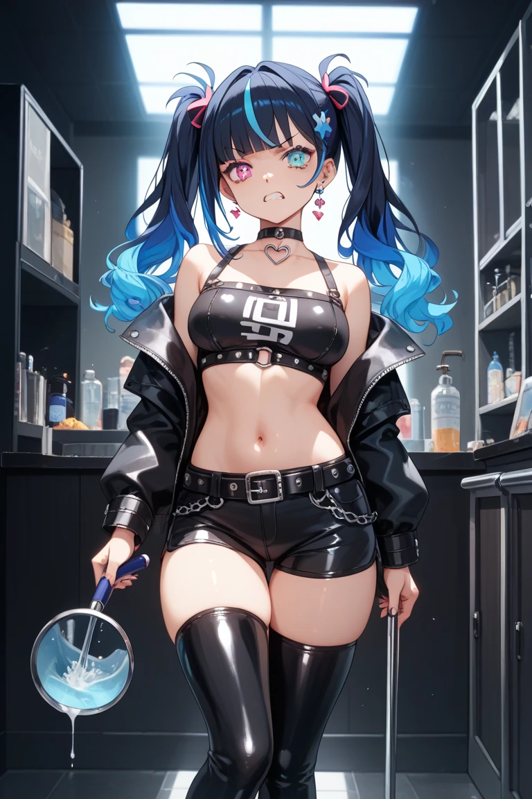 young, , sexy evil demon,fantasy background, slim body, only tight skimpy clothes, standing infront of a sex shop store, whore, slut, small girl, standing in a seductive way, full body, ass, small girl, furr gloves, gog ears, short hair, dark blue hair, blue eyes, bondage pole