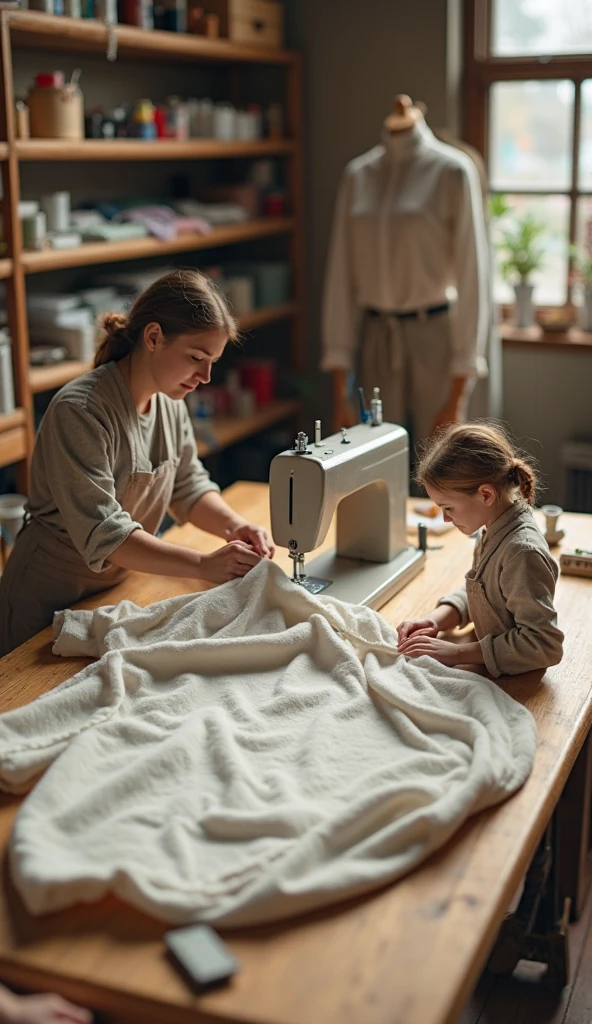 A woman sewing pants while a child sleeps on the clothes she is making.