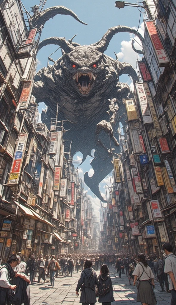 (Highest quality、High resolution、8K、Accuracy、masterpiece: 1.2)。The strangest monsters in the world。A super giant monster、Standing in the streets of Tokyo, Japan。The strange atmosphere of the yokai somehow blends in naturally with the streets of Tokyo.。