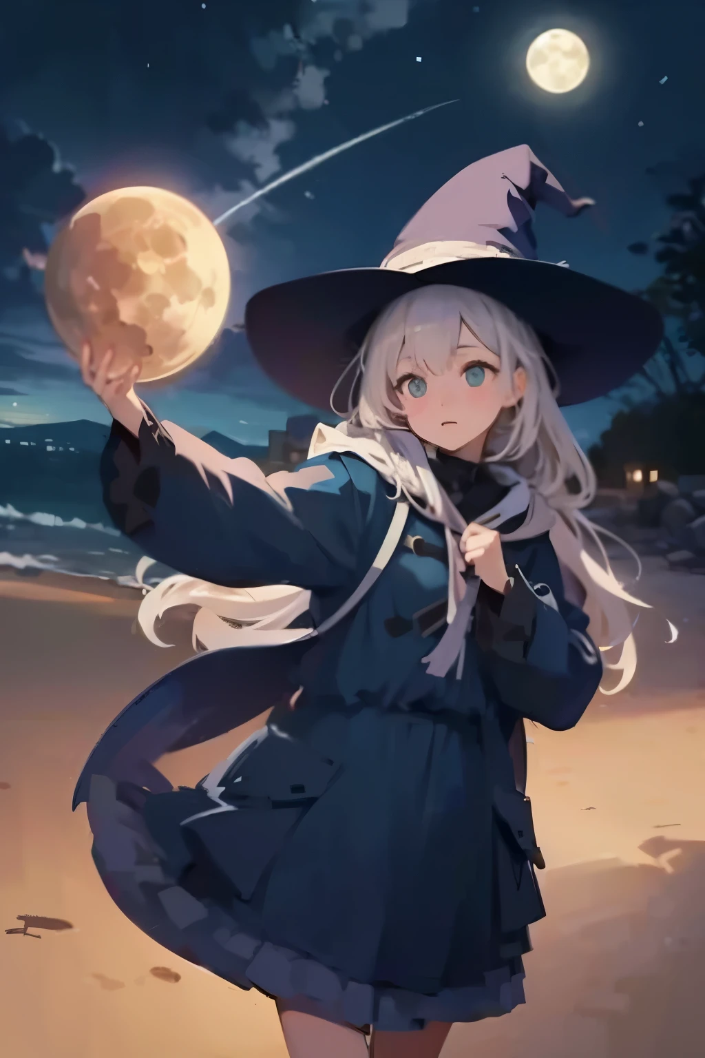      Translucent Illustration     、     Japanese Anime Style Illustration     、    Small Silhouette Seen in the Distance    、  The shadow of the little witch on the broom is visible in the distance 、green、   dynamic angle 、  Amazing、 highest accuracy、 top quality 、   fantasy、Effective Production     、    Full Moon Seen in the Distance    、   Night Seaside Town Sky    、   Horizontal Line、movie、  artistic、delicate、sentimental、 highlights 、 Contrast 