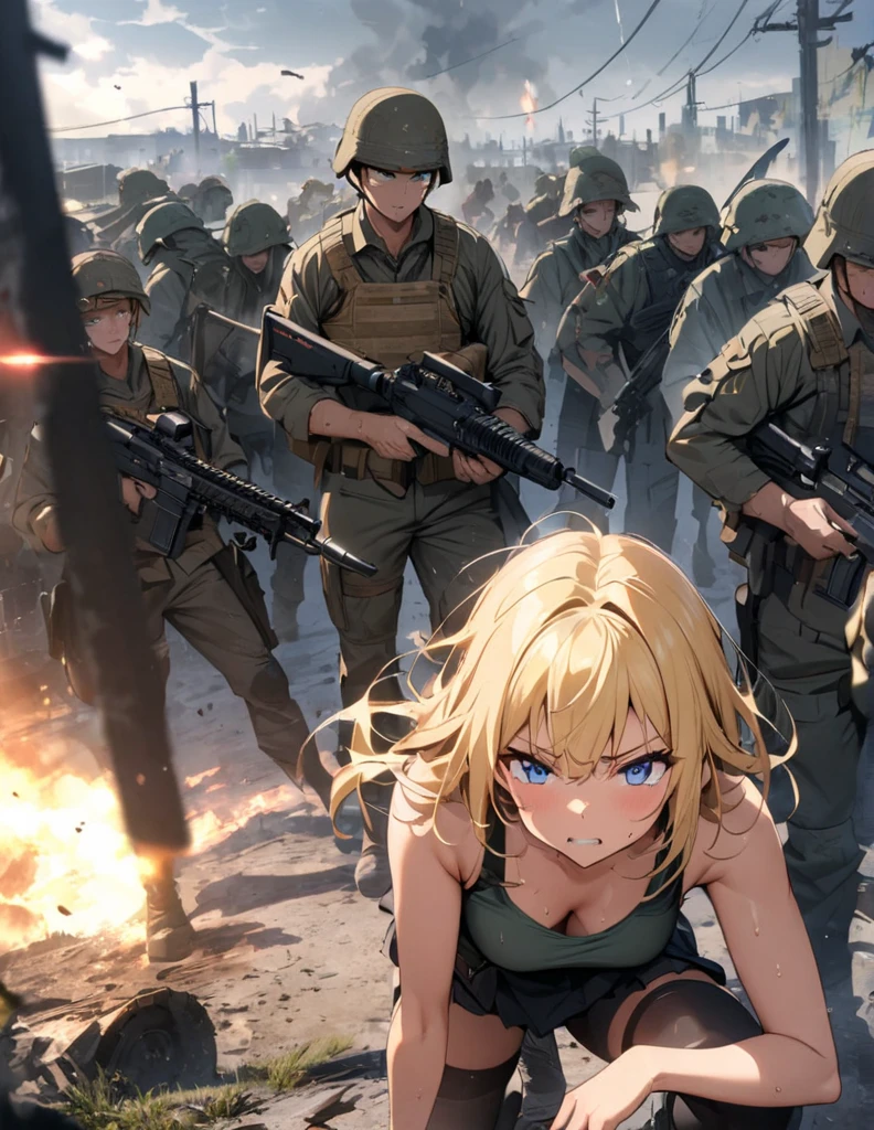 Half naked、12 year old girl soldier、Blonde、vexation、Flat Chest、Taking off white underwear、A girl soldier is captured by enemy soldiers、Square、crowd