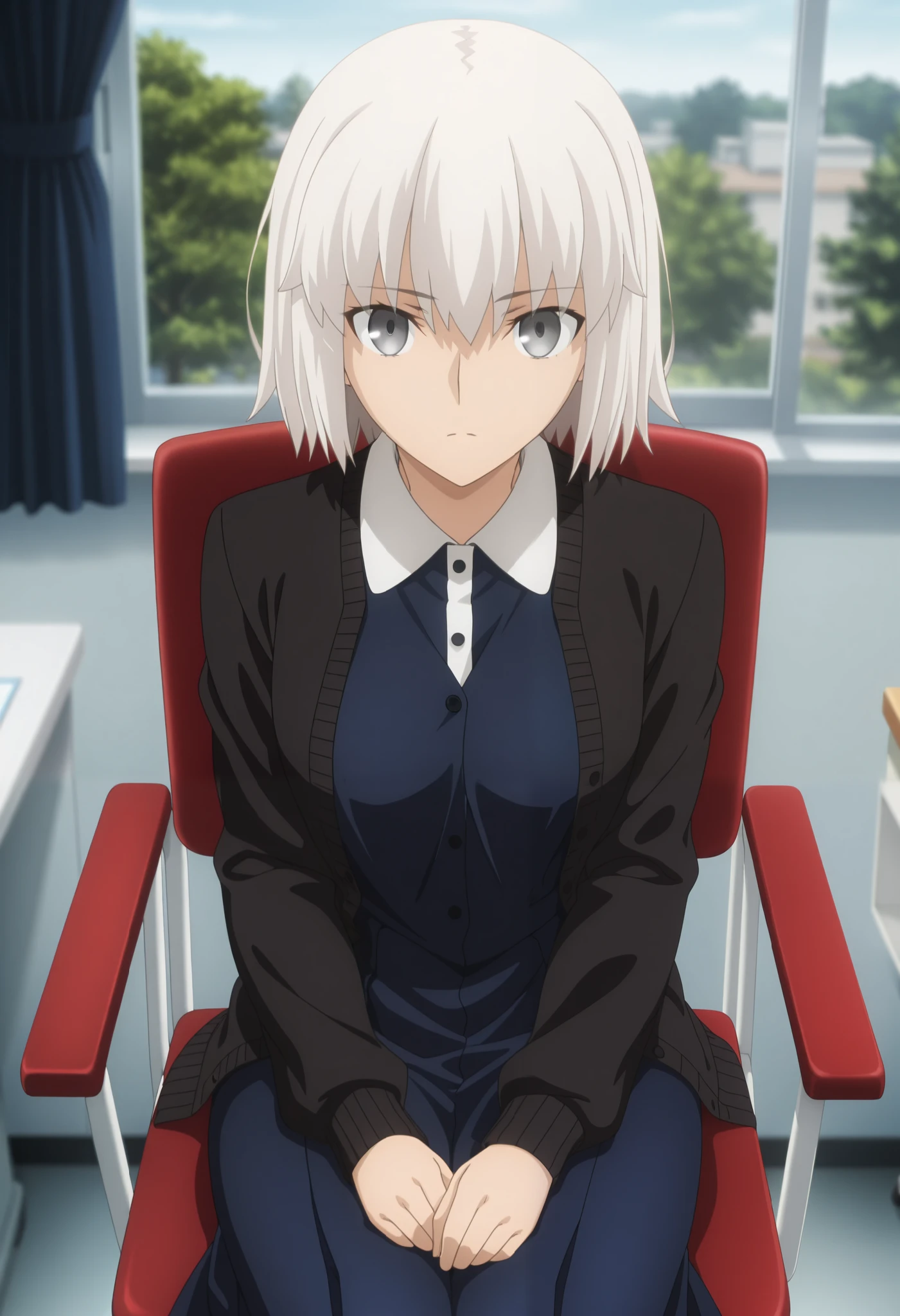 masterpiece, best quality, amazing quality, highres, absurdres, very aesthetic, high resolution, ultra detailed, perfect details, day, , indoors, ufotable style, window, tree, from above,
1girl, ufotable style, anime style, (anime coloring:1.5), (anime screencap:1.2) ,aged up,
girl, ,Fate Grand Order, fate, Fate Grand Order, short hair, gray eyes, white hair, ((curl outward hair)), sitting, hospital, on chair,
long dress, collared shirt, dark blue dress, cardigan, black cardigan, small breast, looking at viewer,