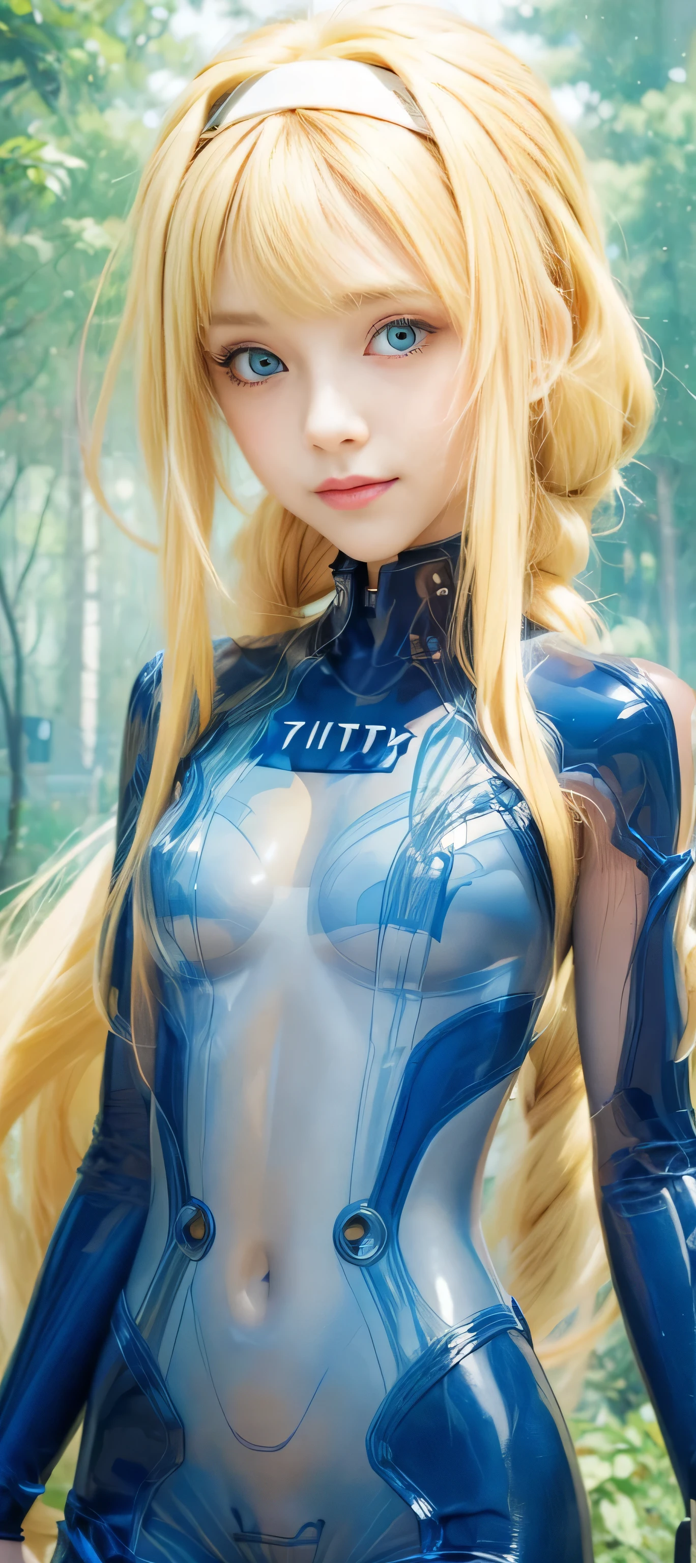 masterpiece, best quality, (realistic,photo-realistic:1.4), (RAW photo:1.2), extremely detailed CG unity 8k wallpaper, delicate and beautiful, amazing,finely detail, official art, absurdres, incredibly absurdres, huge filesize, ultra-detailed,extremely detailed eyes and face,light on face,alice zuberg,(little smile),(blonde hair:1.4),(long hair:1.4),(wearing transparent plugsuit:1.5),forest background,white hairband
