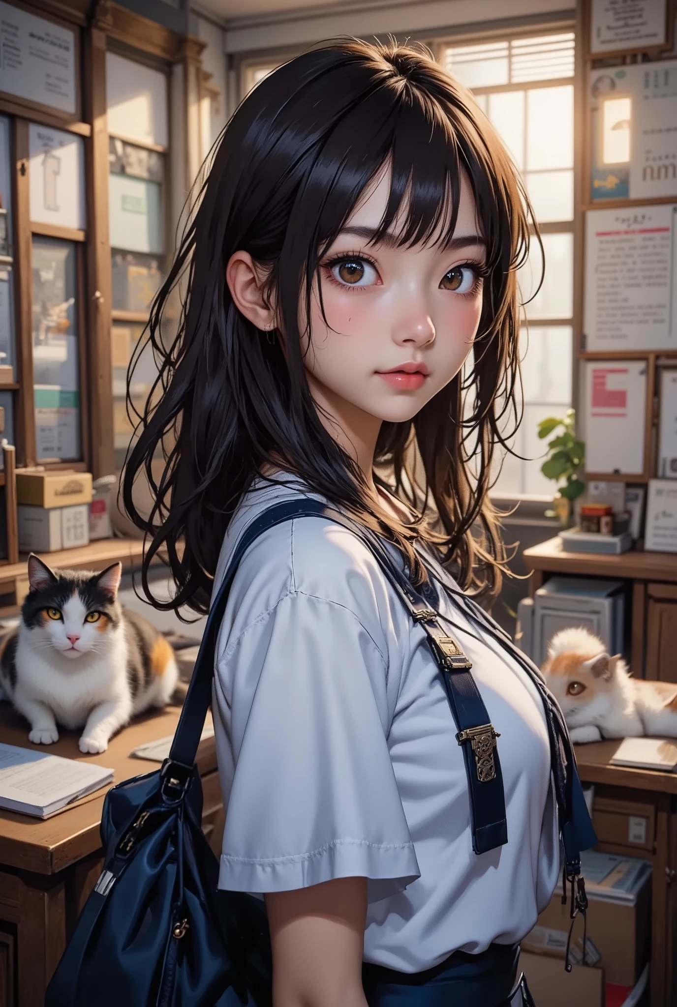 score_9, score_8_up, super realistic depiction, high resolution, masterpiece, highest image quality, high definition, 4K quality, 8K quality, beautiful girl, japanese, twenty years old, high school girl, (((brown hair))), long hair, (((smile shyly:1.8))), stare, long eyelashes, (((big brown eyes))), blush, pink lip, (((tilt one's head:1.4))), (((short sleeve sailor suit:1.4))), (((blue pleated skirt:1.4))), (((model posing:1.4))), (((Sweeping back one's hair))), (((have a student bag))), (((classroom:1.4))), (((A calico cat and a white cat are lying down))), evening