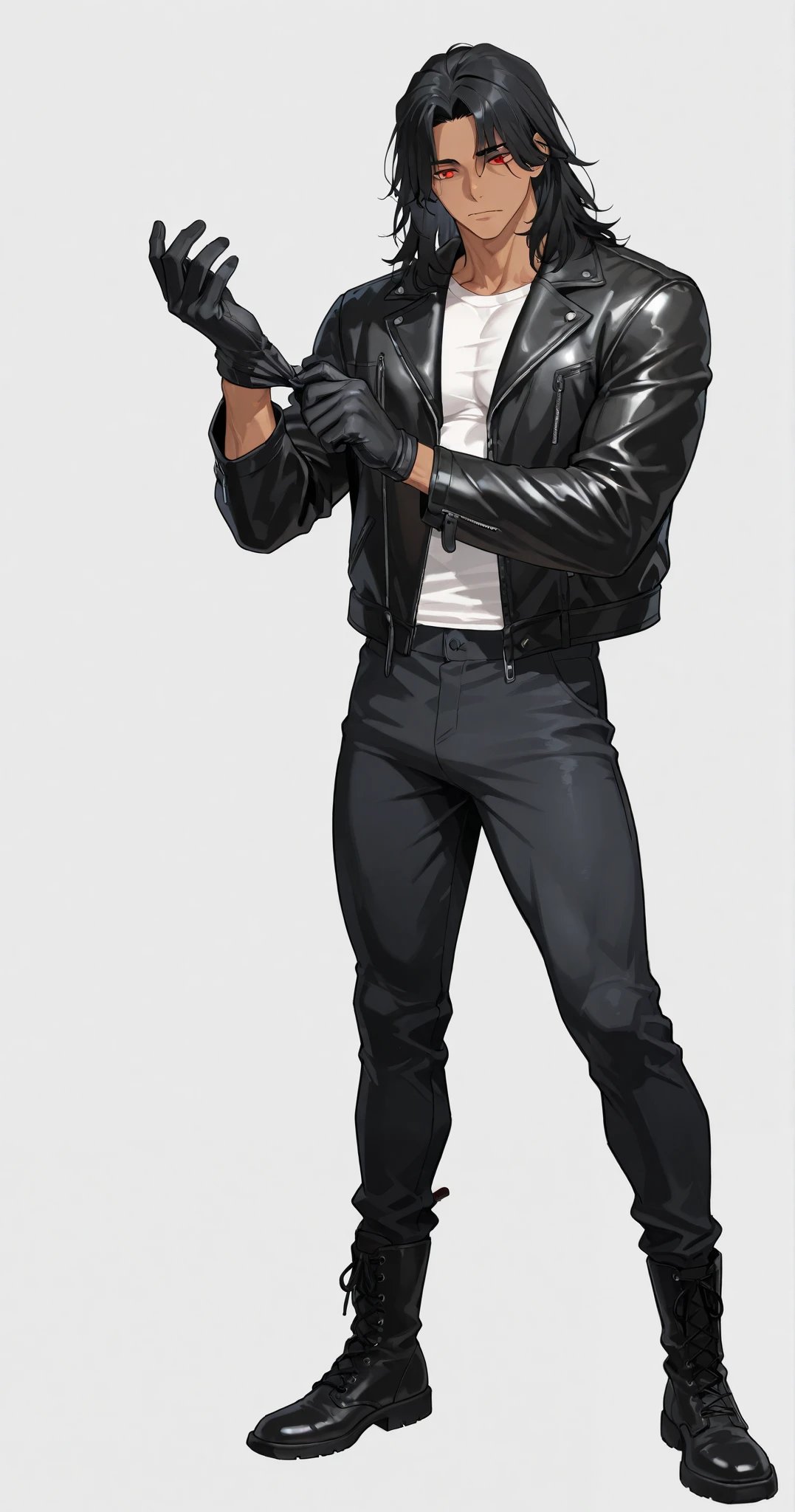 1 boy, fit, handsome, wavy black hair, middle part hair, wolfcut, medium length hair, middle part hair, defined red eyes, cold eyes, tan, sexy body, muscular body, big body, defined muscle, white shirt t, black leather jacket, black gloves, form fitting black jeans pants, standing, adjusting gloves, short black boots, full body, plain white background