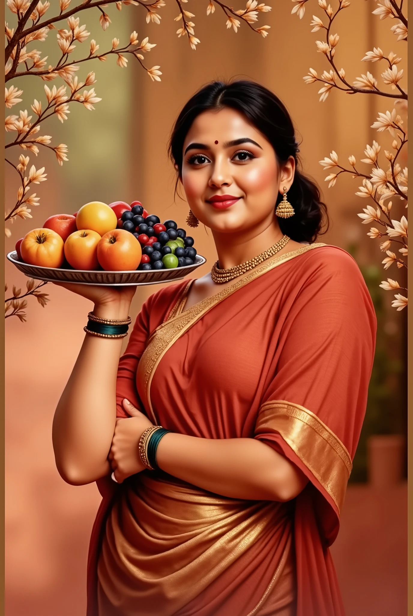 The image is a portrait of a young Indian medium fat woman. She is wearing a without a traditional Indian dhoti in a light yellow colour with a gold necklace and earrings. Her hair is styled in loose curls, and she is smiling at the camera. The background is blurred, but it appears to be an outdoor setting with trees and greenery. The woman is looking off to the side with a slight smile on her face. 8k resolutions.
