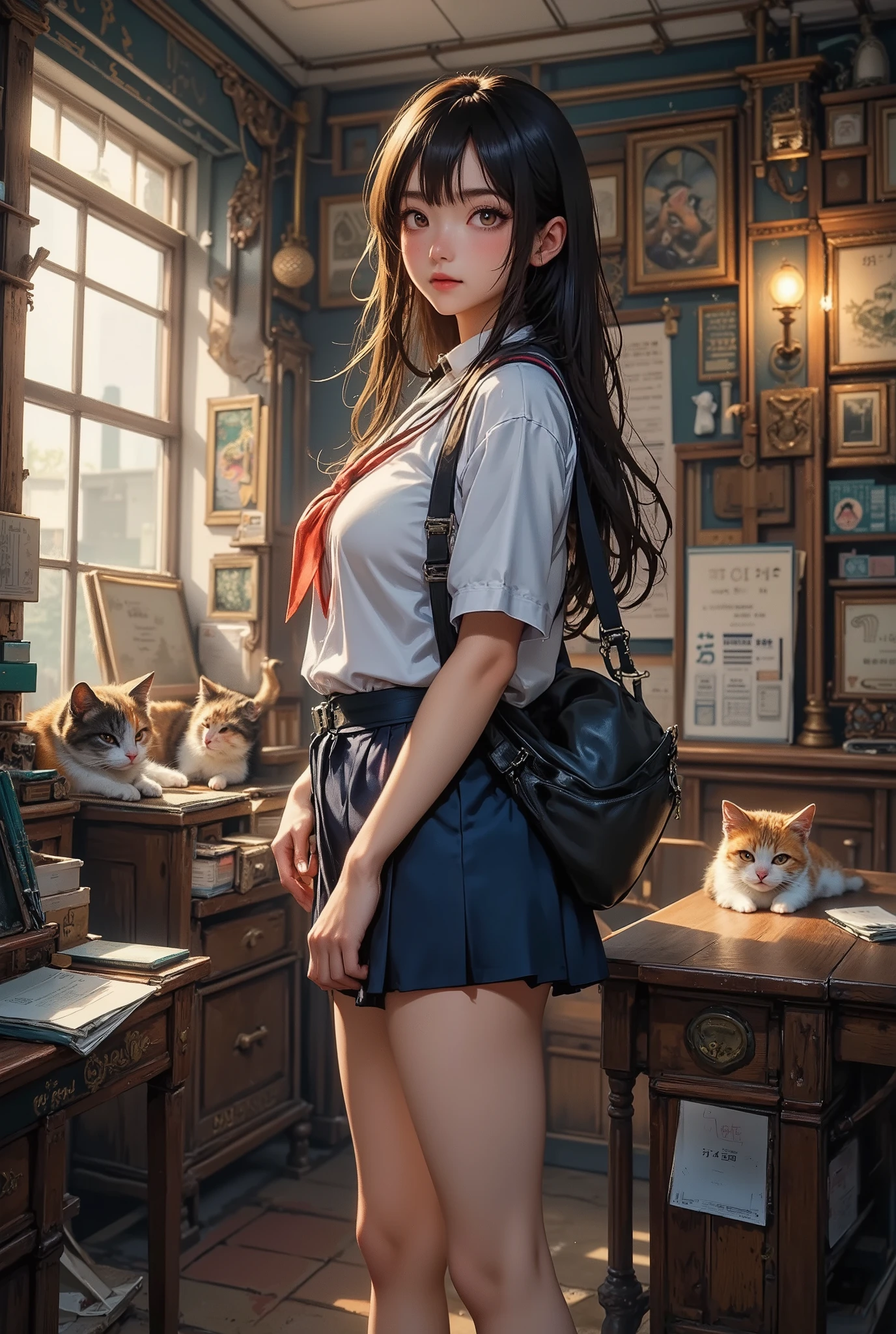 score_9, score_8_up, super realistic depiction, high resolution, masterpiece, highest image quality, high definition, 4K quality, 8K quality, beautiful girl, japanese, twenty years old, high school girl, (((brown hair))), long hair, (((smile shyly:1.8))), stare, long eyelashes, (((big brown eyes))), blush, pink lip, (((tilt one's head:1.4))), (((short sleeve sailor suit:1.4))), (((blue pleated skirt:1.4))), (((model posing:1.4))), (((Sweeping back one's hair))), (((have a student bag))), (((classroom:1.4))), (((A calico cat and a white cat are lying down))), evening
