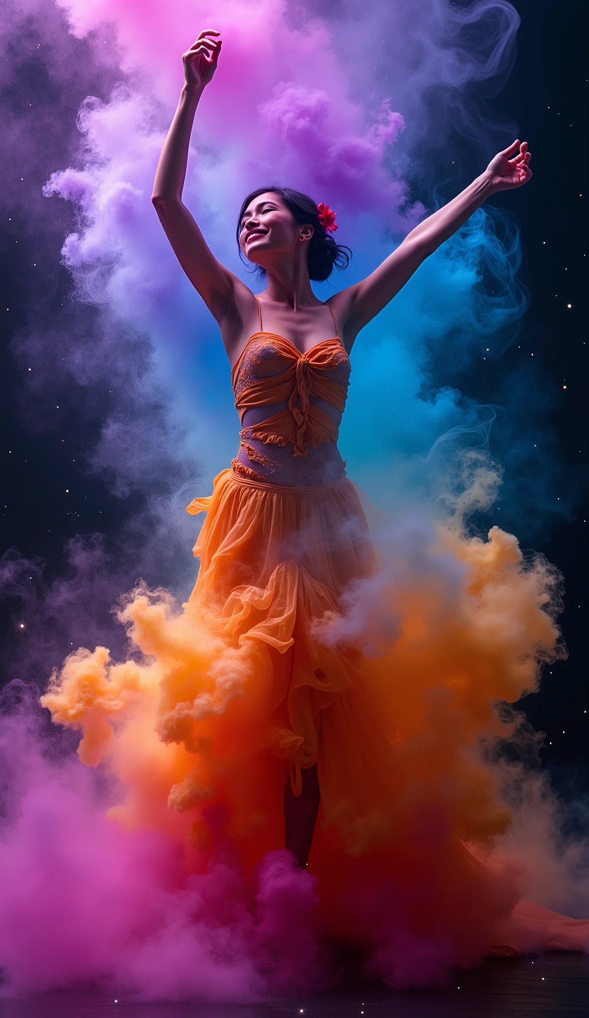 Create an image of a woman dancing gracefully, her body captured in a full-body pose as she moves through vibrant, colorful smoke. The smoke should swirl around her in an intense, dynamic range of colors: deep purples, bright blues, fiery oranges, and soft pinks. The smoke is flowing around her, partially obscuring her body, as though it's part of her dance. Her expression should be one of joy and fluidity, her eyes closed in a peaceful yet expressive moment. The dance movement should be elegant, with one arm lifted and the other extended, creating a sense of motion. The smoke should follow her movements, undulating and blending smoothly in the air, giving a sense of energy and life to the scene. The background should remain dark, with stars or small specks of light scattered to give it a cosmic, ethereal atmosphere.