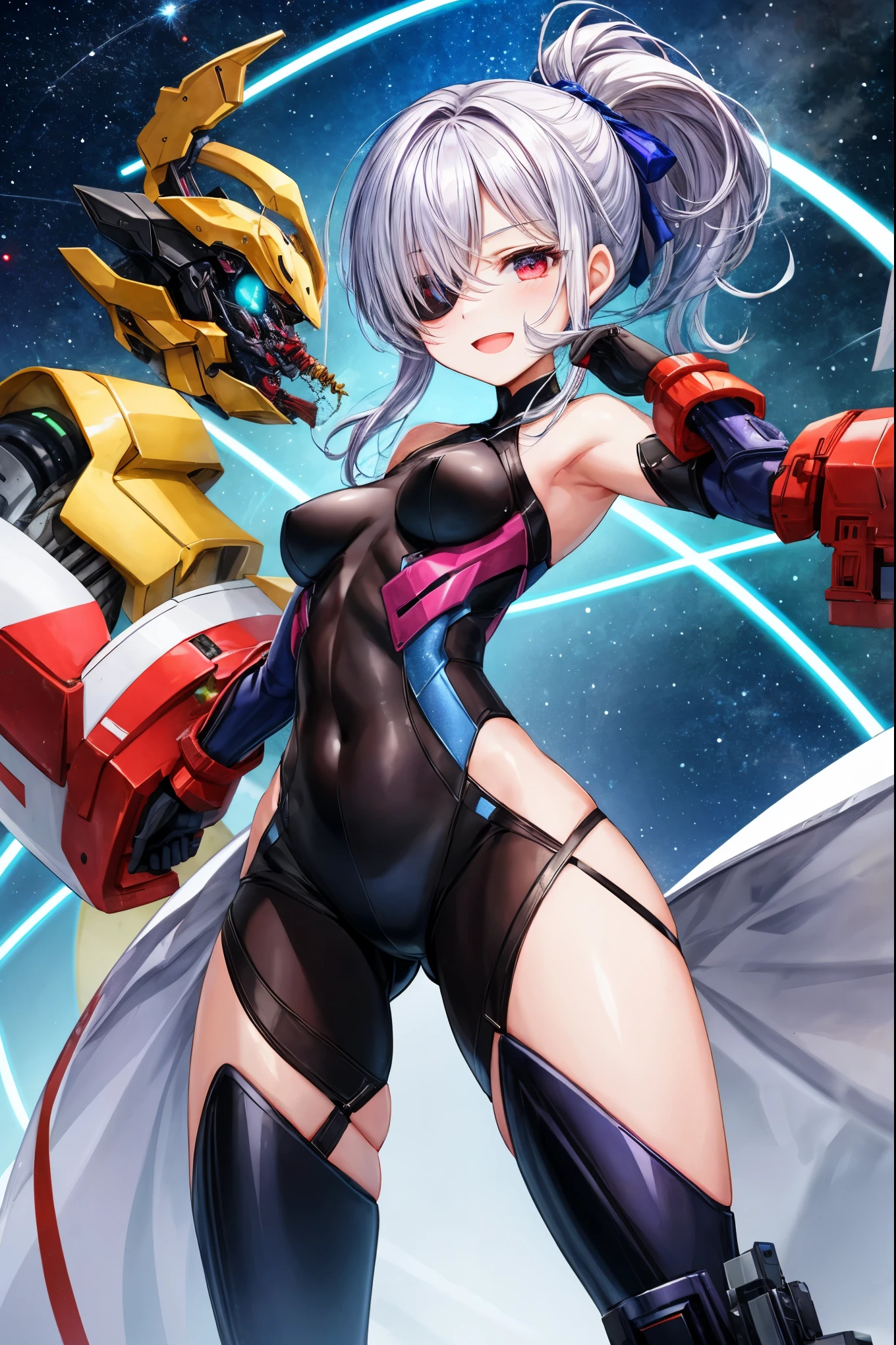 ,1figure_girl,(:1.5), (short_ponytail:1.3), (light_whitish_purple_hair:1.3),black_mechanical_armor_parts,white_breasts_parts_red_black_body_suit,bare_shoulder,bare_slender_thighs,medium_breasts,on_the_desk, desk_background,Stinging_eyes,(half_pupil:1.5),sleepy,thighhigh_greaves,gauntlets,dynamic_posing,bare_frank,metal_red_parts_armor,red_eye,
fists,hold_weapon,glare,navel,large_mechanical_parts,happy,waist_armor,open_mouth,rise_legs,apart_legs, (covered_navel:1.3),(very_long_bangs:1.3), (hair_over_one_eye:1.5),(long_bang_covers_right_half_of_face:1.5),
(covered_pussy:1.1),covered_breasts,armpits,
