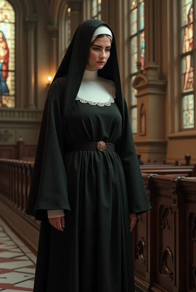 photorealism:1.2), beautiful woman, church nun, long hair, medium chest,slim, Silky hair, open chest, nipples shown out of the dress, big nipples,maid dress