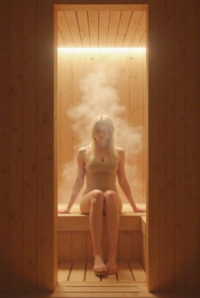Hyper-realistic full-body shot photo. young teenager Ashley Olsen with straight light-blonde long hair is kneeling in a sauna room. She is wrapped in a small towel, with her body hyper-sweating. Hyper-realistic face and body. Hyper-intricate hair details. Lots of details on the skin, the face, and the environment. 8K, HDR sharp quality.