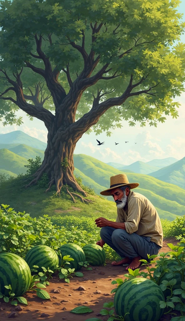 A man was lying under a banyan tree guarding his watermelon field