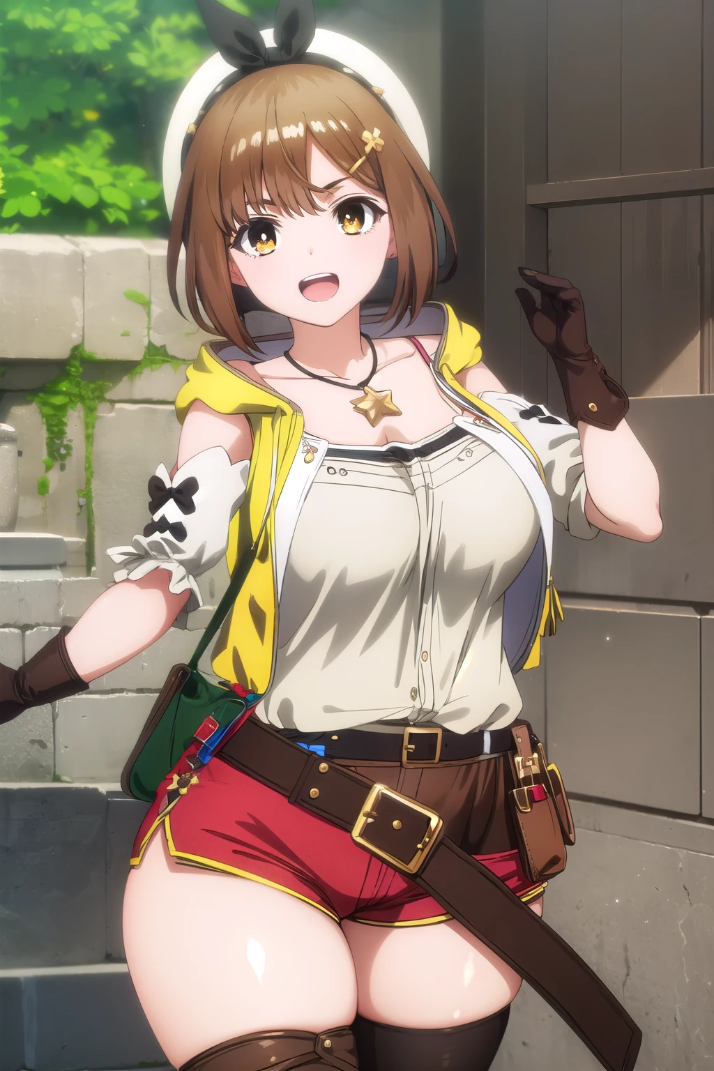 1girl, reisalinstout, reisalin stout, short hair, brown hair, hair ornament, (brown eyes:1.5), hairclip, smile, open mouth,
BREAK thighhighs, gloves, hat, jewelry, jacket, thighs, shorts, belt, necklace, star \(symbol\), short shorts, white headwear, brown gloves, single glove, yellow jacket, red shorts, leather, sleeveless jacket, star necklace, leather gloves, cleavage,
BREAK outdoors,
BREAK looking at viewer,
BREAK (masterpiece:1.2), best quality, high resolution, unity 8k wallpaper, (illustration:0.8), (beautiful detailed eyes:1.6), extremely detailed face, perfect lighting, extremely detailed CG, (perfect hands, perfect anatomy),(((Plump thighs))),((big ass)),((big breasts))