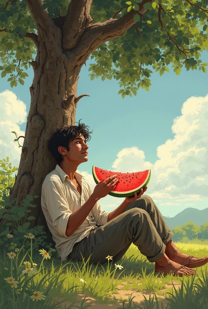 Man, Garden, Weeds, Grumpy expression, Glaring, High Resolution, Best Quality, Summer, Super Detail, Best Quality, Super Detail, Masterpiece, Summer, Sweat, Straw Hat, Short Sleeves, Short Pants, Summer Sunlight, Indoor , weeds, ice cream, watermelon, short hair, brown hair, garden, torn clothes, old clothes, large size clothes, bare feet, wooden, man, sports boy, bare feet, indoors, weeds, shoji, summer sunlight, dazzling