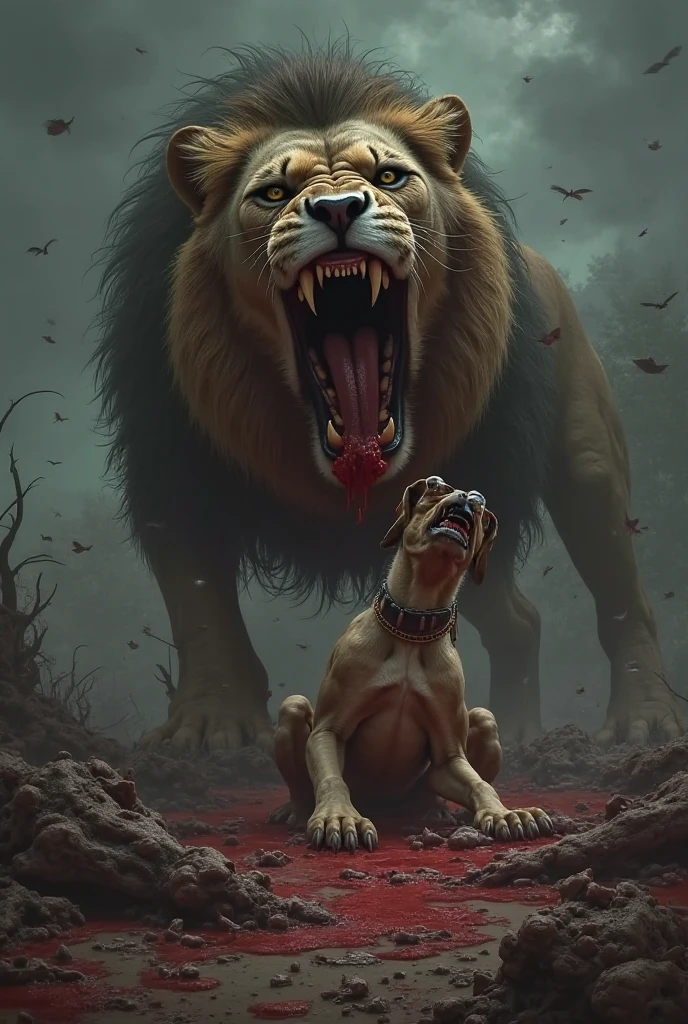 The lion killed the bulldog and there are a lot of trees in front, the color of the tree is red and there are a lot of leaves in front, the color of the bed is also red image