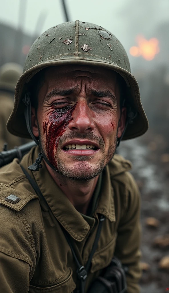black and white photo of male soldier at war whose eyes look hopeless His face was covered in blood and mud. A few tears came out.