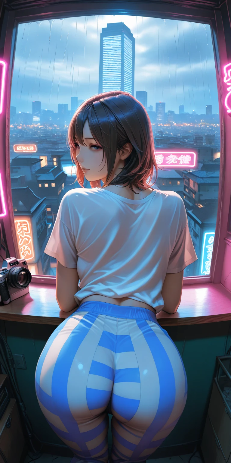 Masterpiece, best quality, 1 girl, brown wavy hair, glasses, white tee shirt, pink underwear, on bed, looking at viewer, sexy, alluring, erotic, blushing, in front of window, city at night, neon, 80s, synthwave