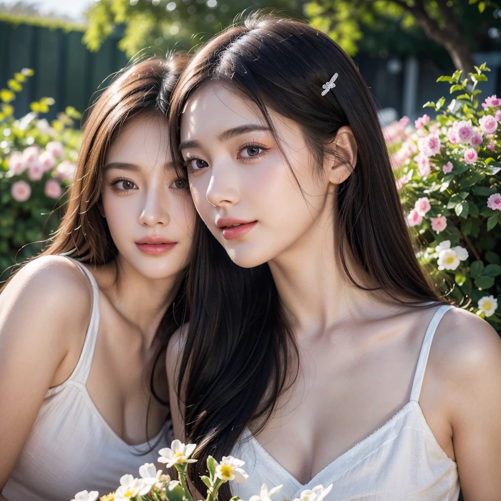 (Surrounded by red roses 1.5).Wrapped in red roses 1.5、Bright space、Professional Lighting、Professional Lighting、Translucent skin texture、Transparent skin tone、Beautiful Skin、Tie your hair、Black Hair、Small breasts、Accentuate your breasts、White lace fabric 1.5、(See-through fabric 1.4)、(Watch viewers 1.5)、(((2Man Female 1.5)))、(((Embrace each other2Man Female 1.5)))、(((2People are sisters 1.5)))、The two are very similar、A room surrounded by roses、