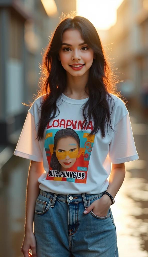 a woman smiling at the camera with a red background, ritu kumar-luna lauren velez-luciana carro-tamron hall-janel parrish merged, entire person visible, wearing a tshirt and jeans