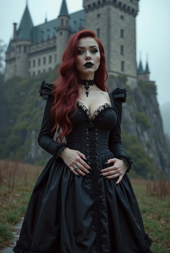 arafed woman in a black dress with red hair and a necklace, promotional still, anya taylor - joy vampire queen, artstyle tom bagshaw, beautiful female vampire, carmilla vampire, portrait of a young witch, vampire fashion, samara weaving vampire, tom bagshaw weta studio, with red hair, photo still, witchy clothing, beautiful female witch
