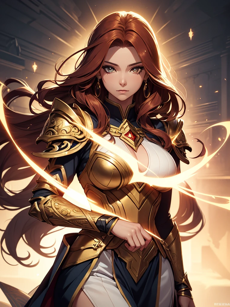 Official Art, Unity 8k Wallpaper, Ultra Detail, Masterpiece, Best Quality, One Woman, (Very Detail), Dynamic Angle, Mystical Expression, Fire Glowing Effect, Fantasy Background, Rim Lighting, Side Light, Cinematic Light, Ultra Definition, 8k UHD, Film Grain,Best Shadow, Delicate, RAW, Light Particles, Detailed Skin Texture, Detailed Gold Armor Texture, Cleavage, Detailed Face, Complex detail, ultra-detailed, bright, strong, white armor, holding a weapon, holding a shield, pole dron, (((brown hair)), very shining black eyes, long red cloak, fantasy, (realistic),