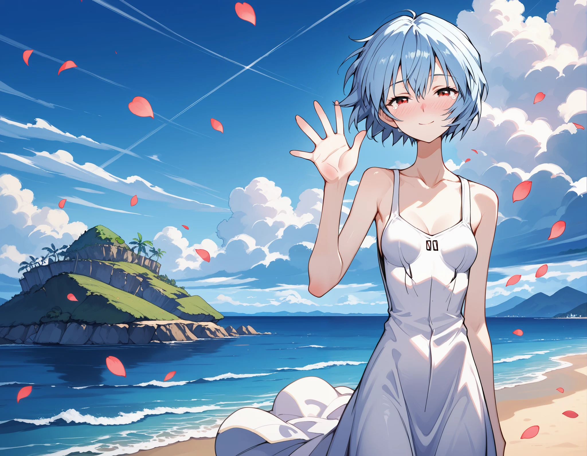 masterpiece,best quality,(toridamono style:0.9),1girl,solo,ayanami rei,happy tears,waving hand,hand up,good bye,blue sky,falling petals,closed mouth,half-closed eyes,white sundress,skinny,thin,slim,(pale skin:0.8),(shiny skin:0.9),joint blush,beach,sea,island,cloudy sky,light smile,floating hair,cowboy shot,short hair,looking at viewer,