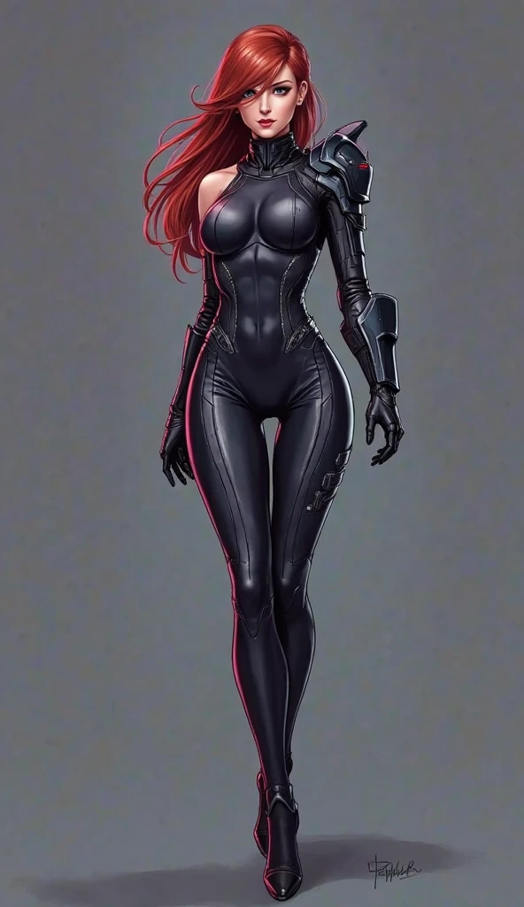 a woman with red lipstick has armor on and is holding a sword, kirijou mitsuru, 1girl, solo, hair over one eye, long hair, (((red hair))), (((red eyes))), weapon, rapier, sword, bodysuit, black bodysuit, grey bodysuit, hand on hip, (((large breasts))), simple background, white background, (purple theme:1.2)