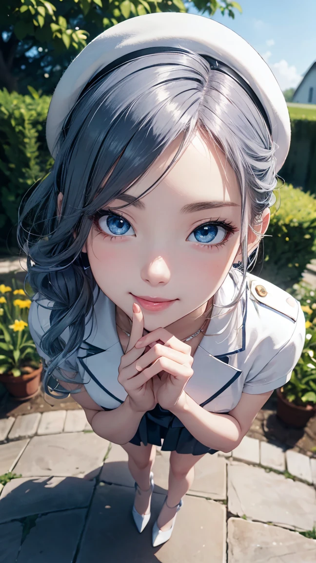 ((Biologically correct number of limbs))、(( Full body photo including face))、4K、((standing position))、masterpiece、((focus on the face))、((Symmetrical facial features))、Eyes with detailed description、Beautiful woman、outstanding style、beautiful arms、beautiful legs、beautiful hands、(small ass、thin thighs）、Detailed depiction of faces、small earrings、necklace、(White Latex Uniform、red latex skirt、high heels、stockings）、close up of face、smile、The background is the park in the morning、beret、blue-silver hair、blue eyes、
