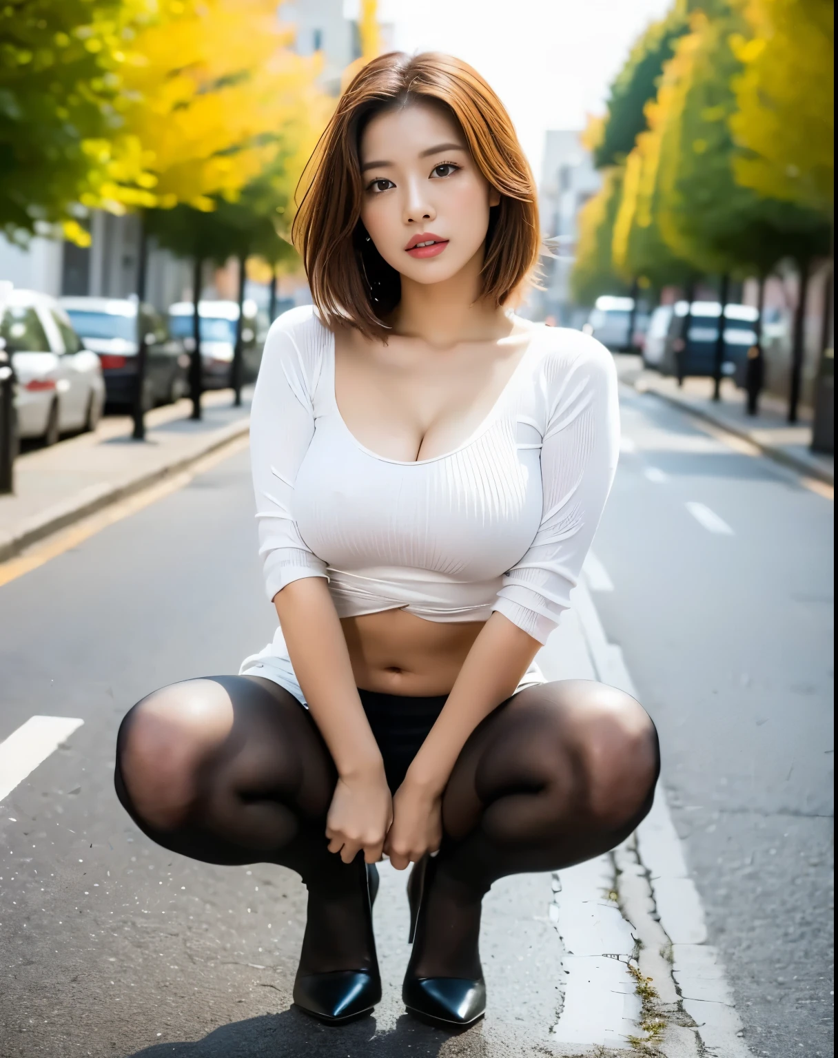Korean woman with short brown hair and plump upper body (breast protrusion), Wearing a light-colored cycling top, Wearing light-colored cycling pants, wear high heel shoes, Charming hip curves, Half squat from the front, Road bike in the background, Full body image, Real life photos, high quality