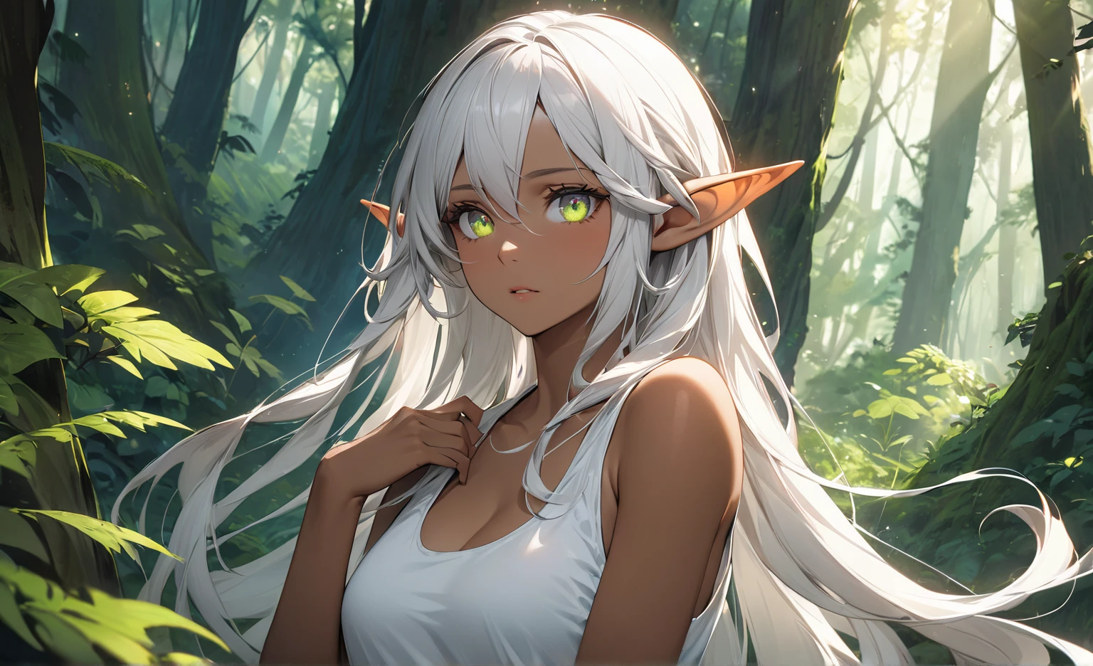 Masterpiece, very detailed, ultra detailed, one, female elf - chocolate skin colour, dark skin colour, tanned skin colour, long snow and white hair, bright eyes and women's snow-white clothes made of plants, with huge breasts and around nature and moon