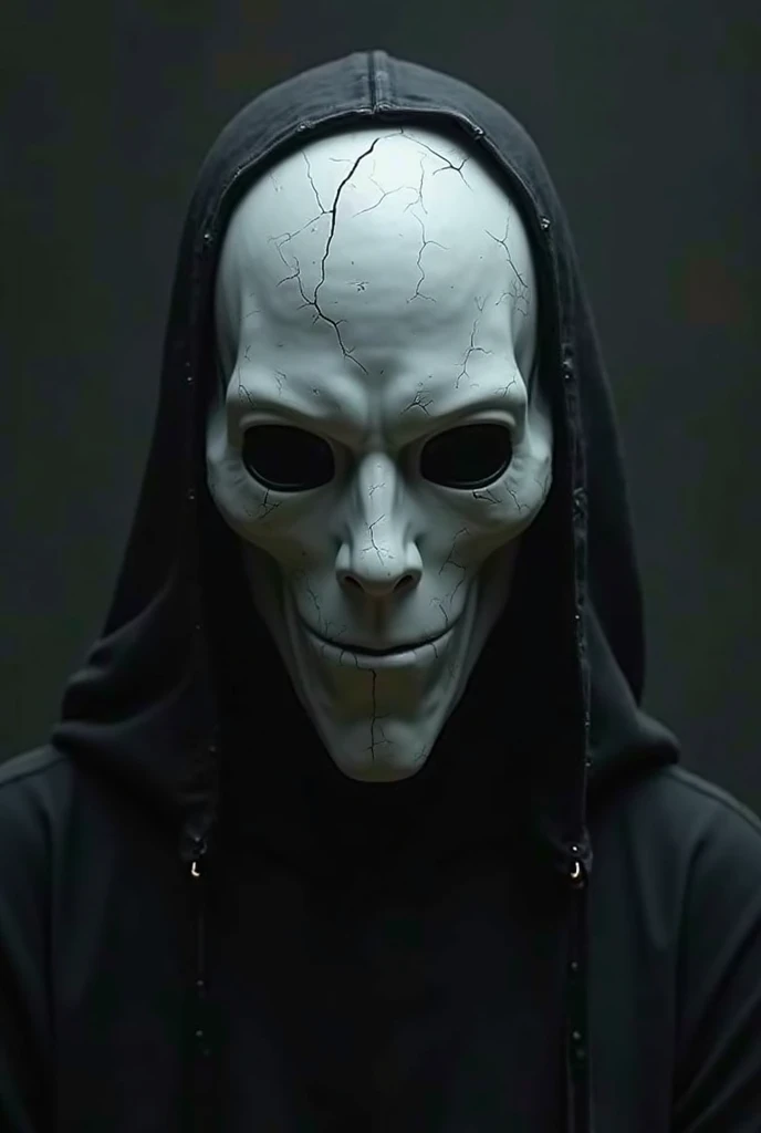Transform the image of No-Face from ‘Spirited Away’ into a horror-themed version. Intensify his already eerie appearance with even darker shadows and a more sinister atmosphere. Make his mask more menacing with cracks or stains, and his body should appear more shadowy and undefined, almost like a wraith. The background should be filled with ominous, twisted figures and a foreboding landscape, amplifying the sense of dread. Capture the essence of No-Face as an even more terrifying and otherworldly entity.”