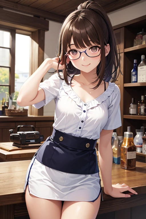 anegasaki nene, shiny brown short hair, beautiful brown eyes, smiling face, sparkling pupils, (fine grain), highly detailed eyes, highly detailed face, highly detailed eyes,, (masterpiece:1.2, best quality), ((only1 girl)), cowboy shot,cowboy shot,,
1 girl, long hair, ponytail,glasses,shop,雑貨shop,Small items,sales representative, anime style,