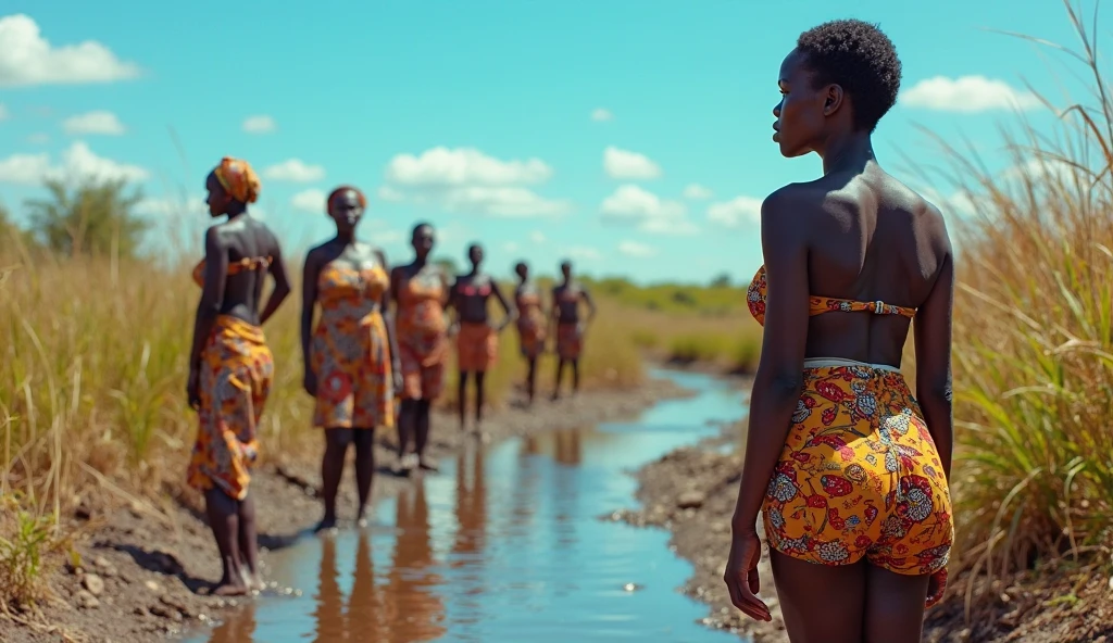 jovem africana com vestilo azul longa,na praia coberta com conchas,