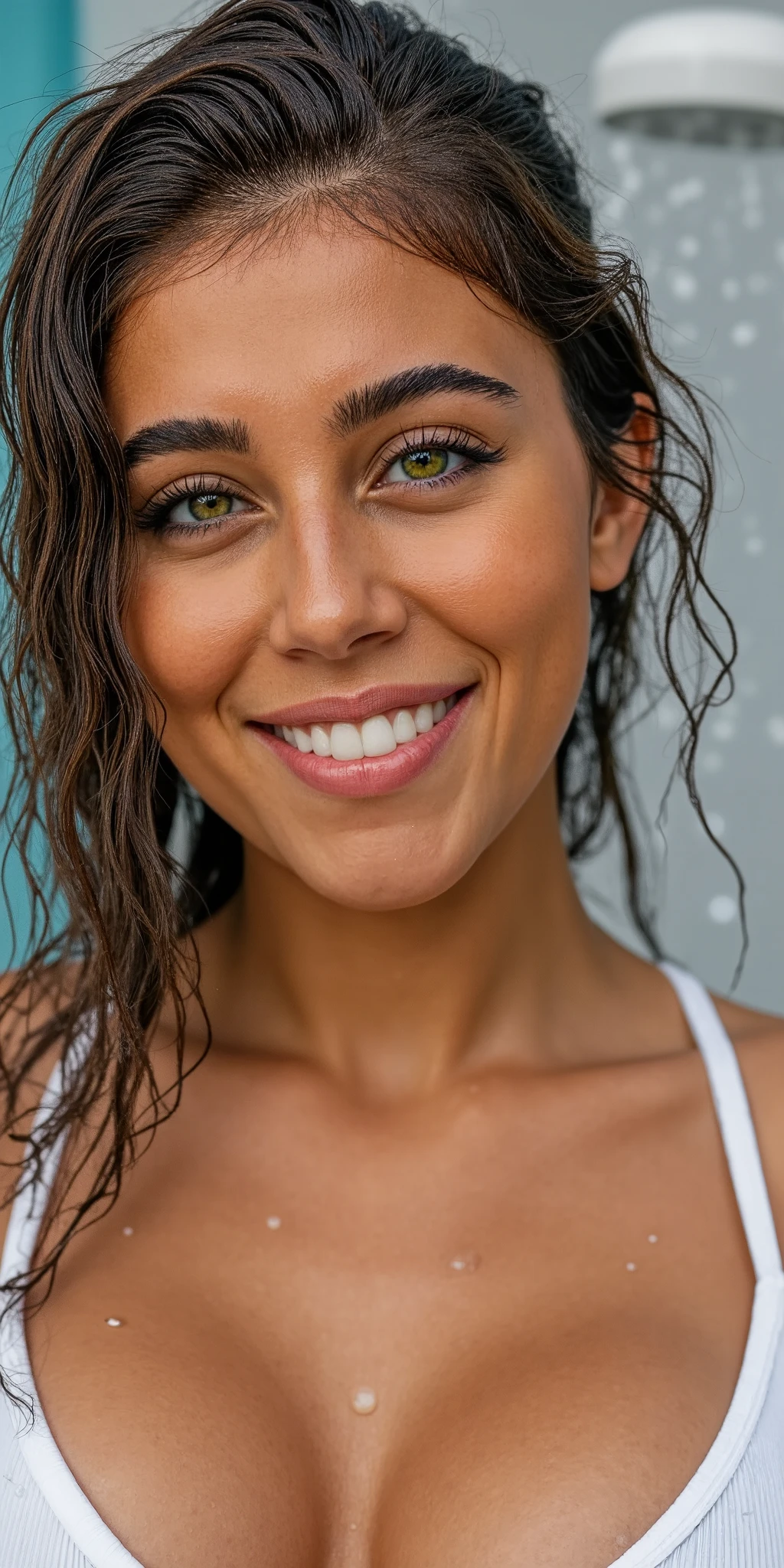 Hyper realistic eye level exterior photo oCreate a photorealistic, chest-up portrait of a beautiful, healthy Brazilian female model in her early 20s. Water cascades from a shower head onto her hair and face, leaving glistening droplets and streams elegantly flowing down her skin. She wears a subtle, satisfied smile, exuding contentment and freshness. Use soft, natural lighting to capture the rejuvenating atmosphere of the scene.