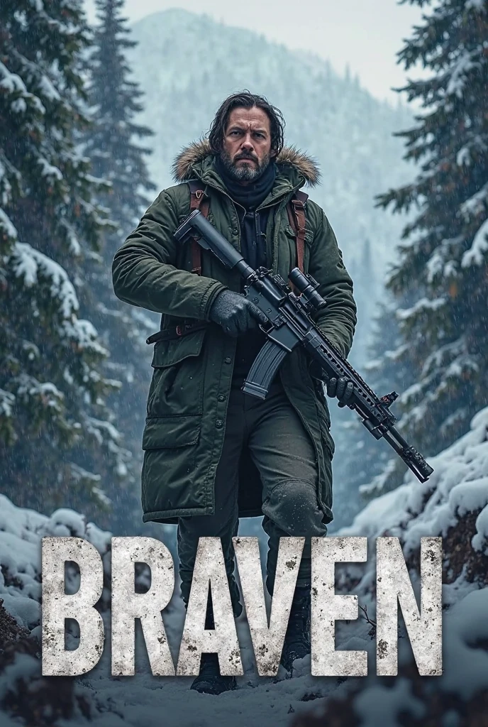 Prompt for DALL·E: "Create a tense and atmospheric movie poster for Mine (2016) featuring Armie hummer as the lead character, Armie hummer. The poster should depict Armie hummer standing tall in a rugged, snow-covered forest, holding a weapon (snape gun) with a determined, tough expression. The backdrop should have towering trees and snow-covered mountains, emphasizing the harsh wilderness. The atmosphere should be tense, with cold, icy blues and dark shadows casting over the scene. The text logo 'BRAVEN' should be bold, distressed, and metallic, with a rough texture to reflect the film’s survivalist theme. Place the logo at the bottom or top of the poster, ensuring it's eye-catching and fits the rugged tone of the movie. The overall vibe should convey both the action and survival aspects of the film, with a focus on strength, isolation, and