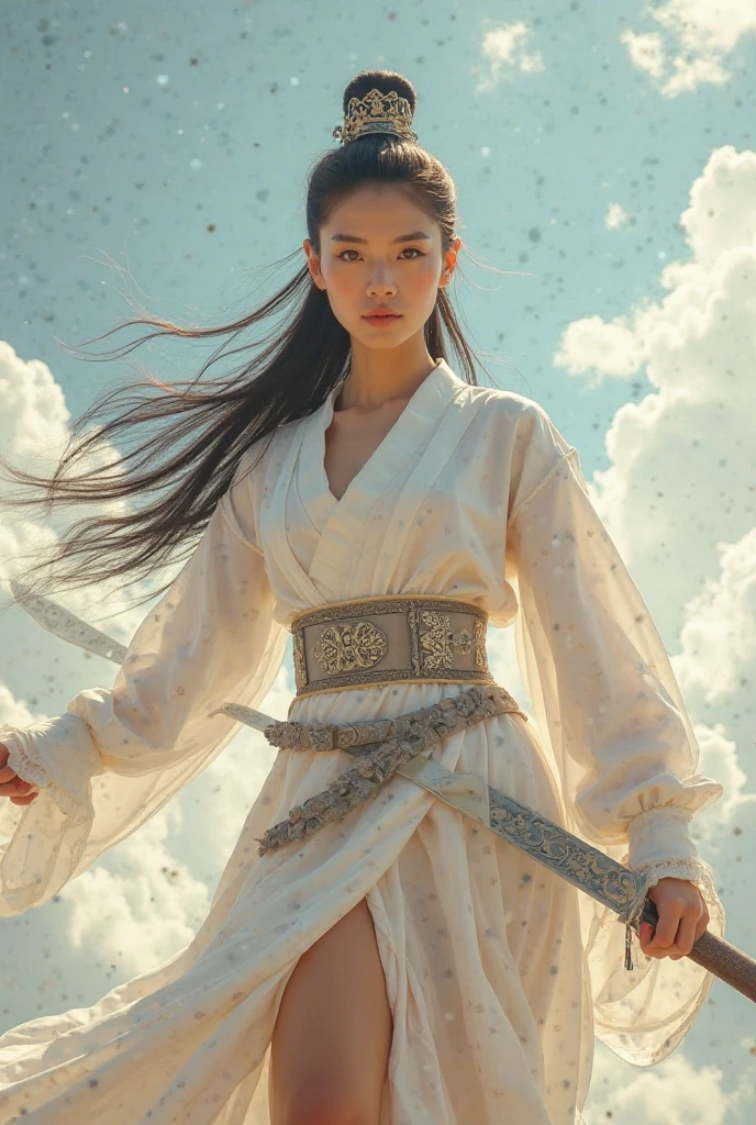 (masterpiece, Top quality, best quality, Official Art, beauty:1.2),(The most detailed and clear contour and facial features:2.0,contour:2.0) (1 Chinese Goddess:1.5), Very detailed,(dunhuang art:1.1),(dunhuang,rich and colorful:1.1)(Flowers:1.3),Most detailed,(tangled:1.2), (Dynamic flight attitude,Foot on the white clouds,Show your thighs:2.0), (Blue sky, White clouds and bright moon background:1.3), (Chinese embroidered Hanfu:1.2), (Glowing skin,Camel toe:1.2), (Many colors:1.4), ,(earrings:1.4),bondage (shibari,hands tied behind back:1.5), (shibari:1.21)