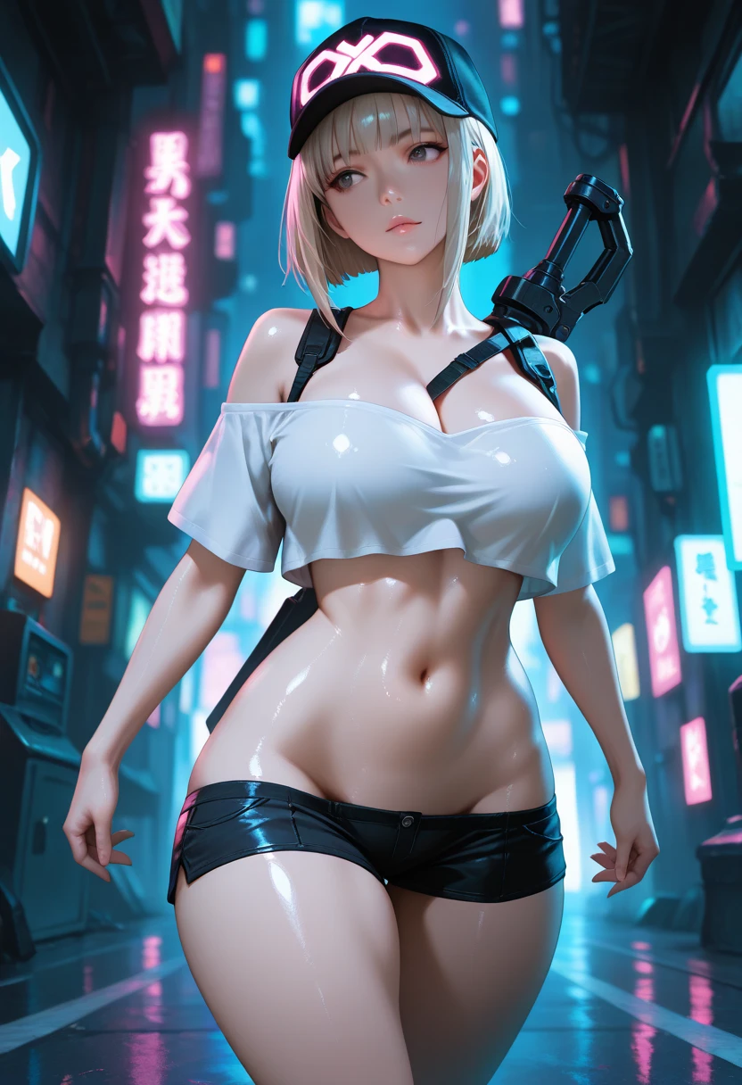 alta resolução, obra-prima, melhor qualidade, 1girl, white hair, very tattos, white lingerie, white clothes, detalhes neon, estilo cyberpunk neon, ao fundo cidade cyberpunk, pele finamente detalhada, seios enormes, pernas muito musculosa